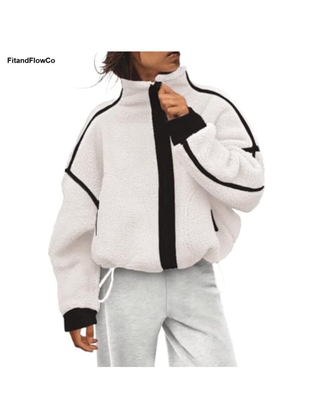 Sherpa Fleece Zip Up Cropped Jacket Womens Warm Fuzzy Coat Pockets